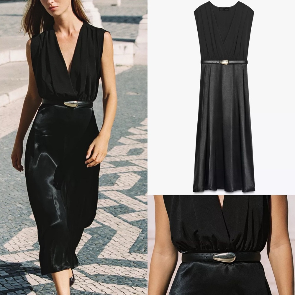 Zara NWT belted black combination midi dress